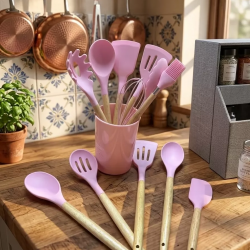 Mey İthalat® 12 Parça Bambu Saplı Silikon Mutfak Gereçleri Seti - Pembe Mutfak Servis Seti