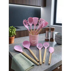 Mey İthalat® 12 Parça Bambu Saplı Silikon Mutfak Gereçleri Seti - Pembe Mutfak Servis Seti