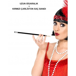 Mey İthalat® 1920'ler 1990'lar Gatsby Kadın Aksesuar Seti – Kırmızı Charleston Saç Bandı ve Sigaralık