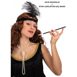 Mey İthalat® 1920'ler Gatsby Aksesuar Seti – Siyah Charleston Saç Bandı & Sigaralık