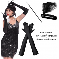Mey İthalat® 1920'ler Gatsby Aksesuar Seti – Siyah Charleston Saç Bandı, Uzun Eldiven & Sigaralık