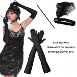 Mey İthalat® 1920'ler Gatsby Aksesuar Seti – Siyah Charleston Saç Bandı, Uzun Eldiven & Sigaralık