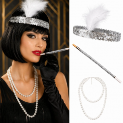 Mey İthalat® 1920'ler Gatsby Gümüş Parti Seti - Çarliston Saç Bandı, İnci Kolye ve Sigara Tutacağı