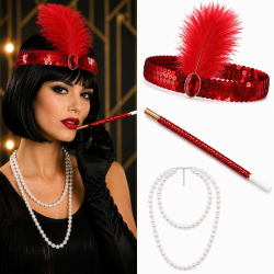 Mey İthalat® 1920'ler Gatsby Kırmızı Parti Seti - Çarliston Saç Bandı, İnci Kolye ve Sigara Tutacağı