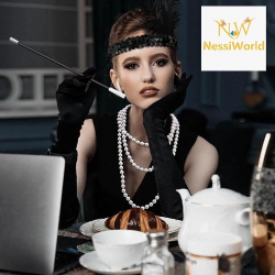 Mey İthalat® 1920’ler Çarliston Aksesuar Seti – İnci Kolye, Eldiven, Sigara Tutucu, Siyah Saç Bandı