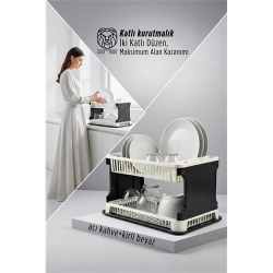 Mey İthalat® 2 Katlı Rattan Dokulu Lüks Bulaşıklık - Kirli Beyaz & Acı Kahve Modern Düzenleyici