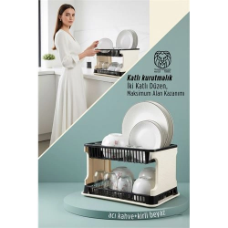 Mey İthalat® 2 Katlı Rattan Dokulu Lüks Bulaşıklık - Kirli Beyaz & Acı Kahve Modern Düzenleyici