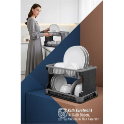 Mey İthalat® 2 Katlı Rattan Dokulu Lüks Bulaşıklık - Kirli Beyaz & Siyah Modern Düzenleyici
