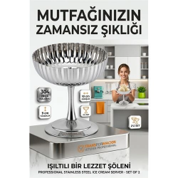 Mey İthalat® 2'li Profesyonel İnox Gümüş Paslanmaz Çelik Ayaklı Dondurma ve Tatlı Sunum Kasesi Seti 723148