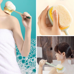 Mey İthalat®   2'si 1 Arada Çift Taraflı Uzun Saplı Fırçalı Banyo Vücut Sırt Fırçası Banyo Lifi