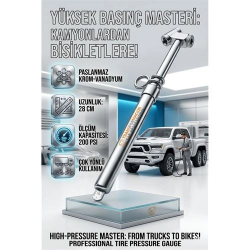 Mey İthalat® 200 PSI Profesyonel Metal Kalem Tipi Lastik Basınç Ölçer - Kamyon ve Otobüs Uyumlu 723154