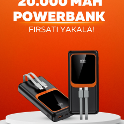Mey İthalat® 20.000 mAh Powerbank – 22.5W Hızlı Şarj, Çok Kablolu, Dijital Göstergeli