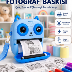 Mey İthalat® 2.4'' IPS Ekranlı Çocuk Fotoğraf Makinesi HD Çekim ve Anında Baskı Keyfi