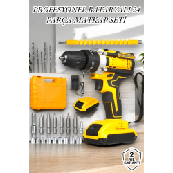 Mey İthalat® 24 Parça Çift Bataryalı Şarjlı Matkap Seti 24W Motor ve Otomatik Mil Kilitli Tasarım