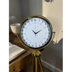 Mey İthalat® 24 Saat Göstergeli Özel Tasarım Gold Tripod Ayaklı Duvar Saati