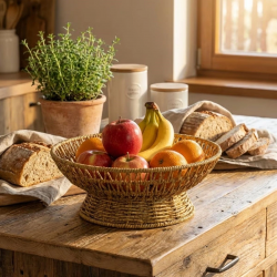 Mey İthalat®  25 cm Plastik Rattan Servis Çanağı – Doğal Hasır Görünümlü Dekoratif Meyve, Ekmek ve Sunum Kasesi