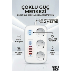 Mey İthalat® 2500W Çoklu Priz 2 METRE – 3’lü AC Priz +5 USB Çıkışı AKIM KORUMALI Alev Almayan Gövde,
