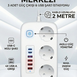 Mey İthalat® 2500W Çoklu Priz 2 METRE – 3’lü AC Priz +5 USB Çıkışı AKIM KORUMALI Alev Almayan Gövde,