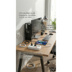 Mey İthalat® 2500W Çoklu Priz 2 METRE – 3’lü AC Priz +5 USB Çıkışı AKIM KORUMALI Alev Almayan Gövde,