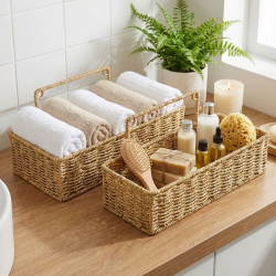 Mey İthalat®  2’li Duvar Askılı Plastik Rattan Organizer – Dikdörtgen Hasır Görünümlü Mutfak Raf Sepeti, Banyo ve Ev İçi Düzenleme Ünitesi