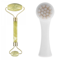 Mey İthalat®  2li Set Çift Taraflı Cilt Temizleme Fırçası ve Yeşim Taşı Çift Taraflı Cilt Masaj Aleti