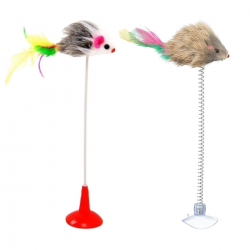 Mey İthalat®  2li Vantuzlu Fareli Tüylü Hareketli Çanlı ve Esneyen Eğlenceli Peluş Kedi Oyuncağı
