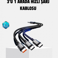 Mey İthalat® 3 Başlıklı Hızlı Şarj Kablosu Metal Alaşımlı Dayanıklı ve Akıllı Çipli