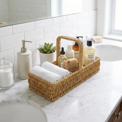 Mey İthalat®  3 Bölmeli Plastik Rattan Düzenleyici–Saplı Masaüstü Organizer, Mutfak Kaşık Çatal Sepeti, Banyo & Ofis Çok Amaçlı Sunum Standı