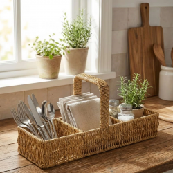 Mey İthalat®  3 Bölmeli Plastik Rattan Düzenleyici–Saplı Masaüstü Organizer, Mutfak Kaşık Çatal Sepeti, Banyo & Ofis Çok Amaçlı Sunum Standı