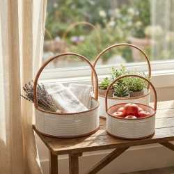 Mey İthalat®  3 Boy İç İçe Geçebilen Plastik Rattan Sepetler–Beyaz Renkli,Kahverengi Saplı, Çok Amaçlı Düzenleyici ve Sunum Sepeti Seti