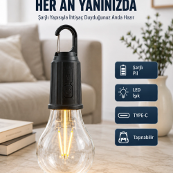 Mey İthalat® 3 Farklı Mod LED'li Şarjlı Asma Kancalı Kamp Lambası Taşınabilir Ampul
