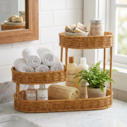 Mey İthalat®  3 Katlı Oval Rattan Organizer Sepet – Plastik Hasır Görünümlü Çok Amaçlı Düzenleyici