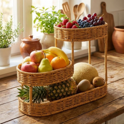 Mey İthalat®  3 Katlı Oval Rattan Organizer Sepet – Plastik Hasır Görünümlü Çok Amaçlı Düzenleyici