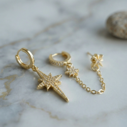 Mey İthalat® 3 lü Set Küpe Gold Renk Zincir Detaylı