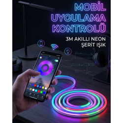 Mey İthalat® 3 Metre RGB Neon LED Şerit Işık Su Geçirmez Kumandalı ve Uygulama Kontrollü Dekoratif Aydınlatma