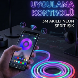 Mey İthalat® 3 Metre RGB Neon LED Şerit Işık Su Geçirmez Kumandalı ve Uygulama Kontrollü Dekoratif Aydınlatma