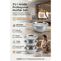 Mey İthalat®  3'ü 1 Arada Profesyonel Mutfak Seti - Paslanmaz Çelik Rende, Süzgeç ve Karıştırma Kabı (27 cm) 723296