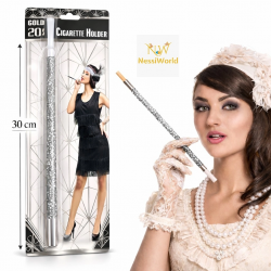 Mey İthalat® 30 cm Gümüş Payetli Sigara Tutacağı – 1920’ler Gatsby Parti Aksesuarı