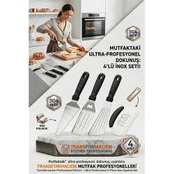 Mey İthalat®  304 Inox Paslanmaz Çelik 4’lü Spatula ve Hamur Kesici Seti - Ultra Profesyonel Seri 723144