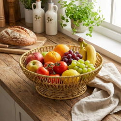 Mey İthalat®  31 cm Plastik Rattan Servis Çanağı – Doğal Hasır Görünümlü Dekoratif Meyve, Ekmek ve Sunum Kasesi