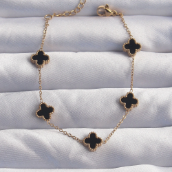 Mey İthalat® 316L Çelik Baby Boy Gold Renk Siyah Mineli Yonca Bileklik