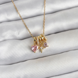 Mey İthalat® 316L Çelik Gold Pembe Zirkon Taşlı Charmlı Kadın Kolye