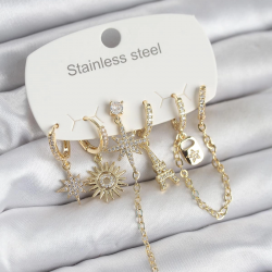 Mey İthalat® 316L Çelik Gold Renk 6'lı Set Charmlı Kadın Küpe