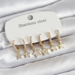 Mey İthalat® 316L Çelik Gold Renk 6'lı Set Yıldız Model Kadın Küpe
