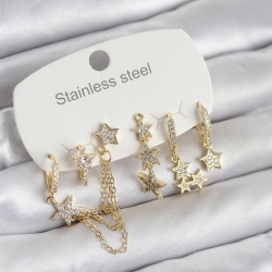 Mey İthalat® 316L Çelik Gold Renk 6'lı Set Zincirli Yıldız Modelli Kadın Küpe