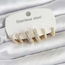 Mey İthalat® 316L Çelik Gold Renk 6'lı Set Zirkon Taşlı Halka Model Kadın Küpe