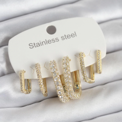 Mey İthalat® 316L Çelik Gold Renk 6'lı Set Zirkon Taşlı Kadın Küpe