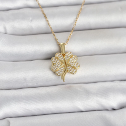Mey İthalat® 316L Çelik Gold Renk Açılabilir Yonca Model Zirkon Taşlı Kadın Kolye