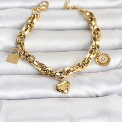 Mey İthalat® 316L Çelik Gold Renk Charmlı Kalın Burgu Model Kadın Bileklik