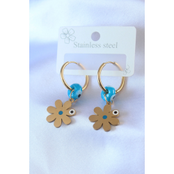 Mey İthalat® 316L Çelik Gold Renk Çiçek Model Nazar Boncuk Detay Kadın Küpe